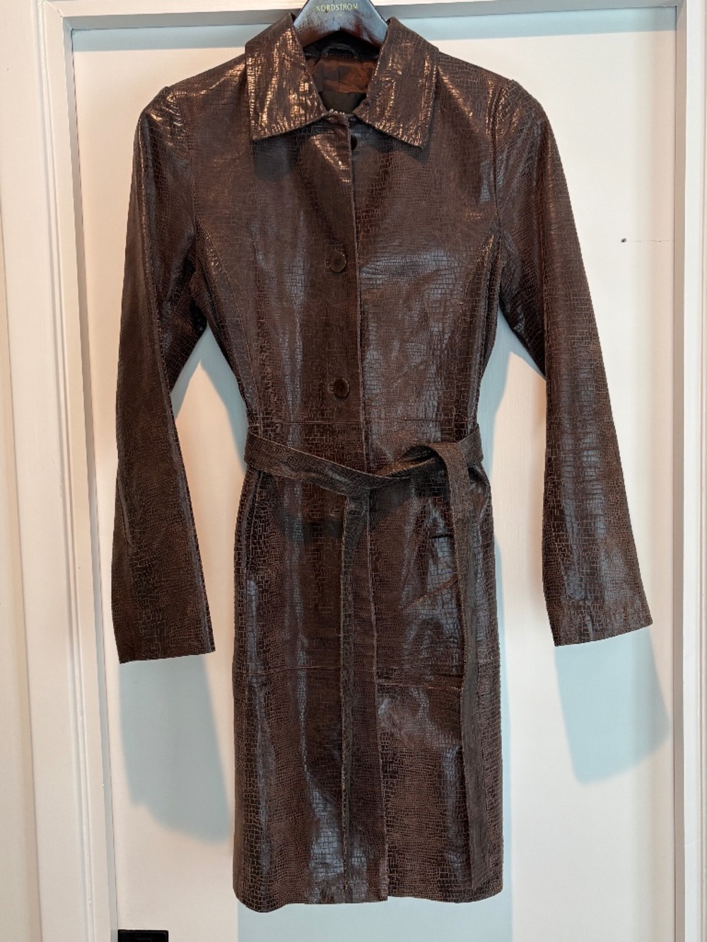 Vintage Arden B 100% Leather Crocodile Embossed Trench Coat Jacket Size S Brown
